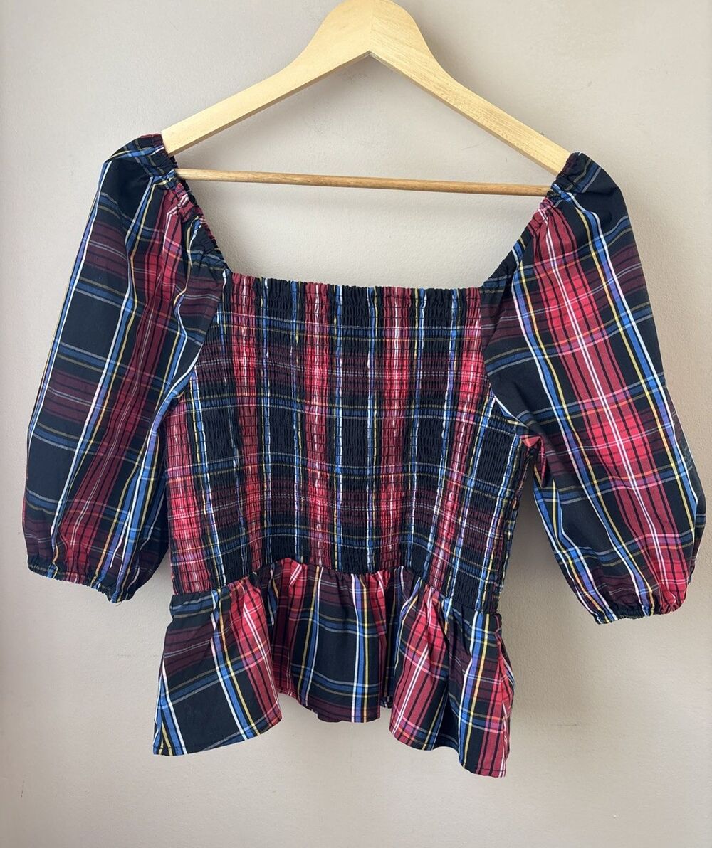 Draper James RSVP Plaid Smocked Peplum Top Elbow Sleeve Women’s M